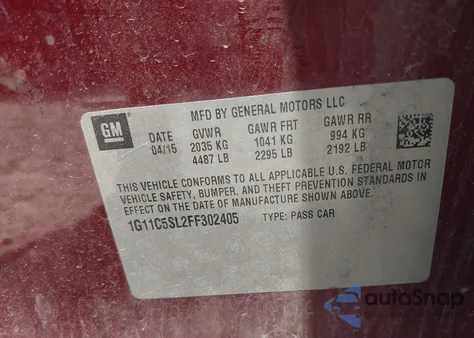 2015 Chevrolet Malibu 1Lt from USA, damaged, VIN 1G11C5SL2FF302405